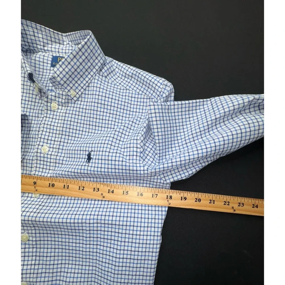 Ralph Lauren Boys Natural Stretch Blue White Check Button Down Shirt Large 14-16